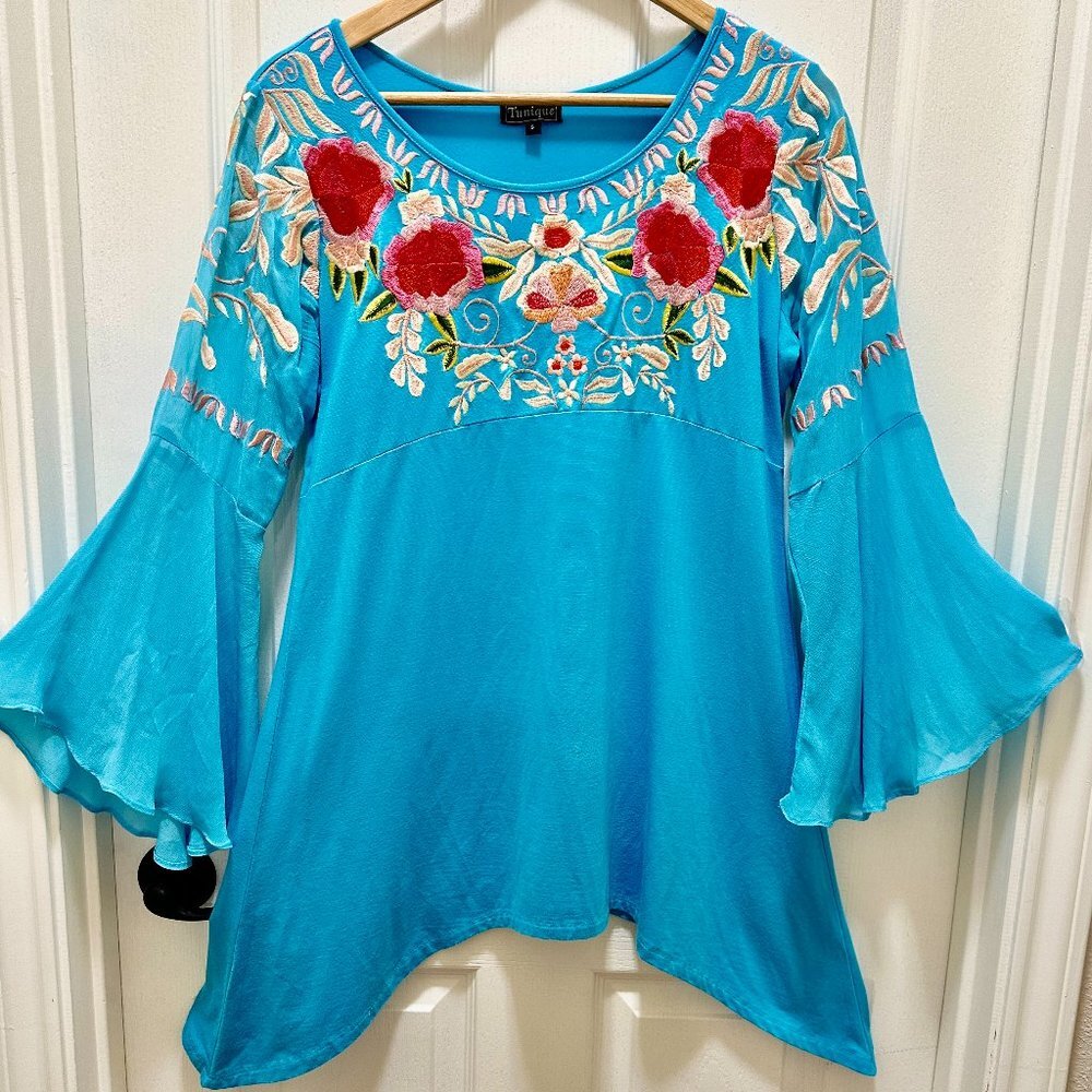 Tunique Embroidered Chiffon Tunic Top Women's Size S Blue Bell Sleeves Boho Chic